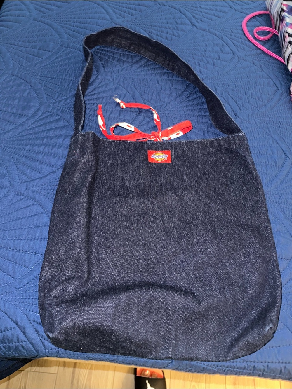 Dickies Navy Denim Tote with Red Logo and Accents